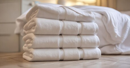 Towering stack of folded white bath towels on the floor in front of a bed, home decor, folded towels, domesticity