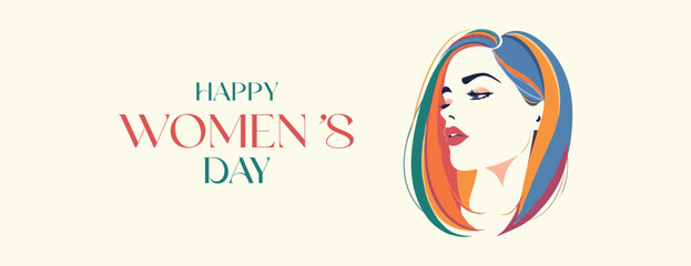 Happy women's Day wishing or greeting card 8 march long banner poster with woman face with stylish Colourful hair template, advertising, female, sign, icon, symbol, silhouette,