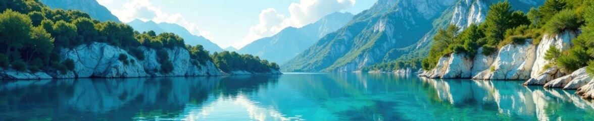Turquoise cliffs in the background of a serene lake, nature, geology