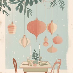 Retro Holiday Illustration of Hanging Ornaments