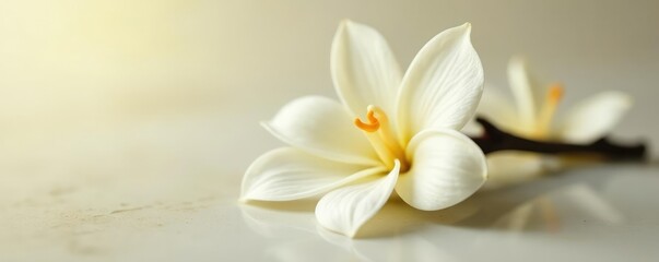 Fototapeta premium delicate white petals unfolding from a vanilla stick, bloom, sweet