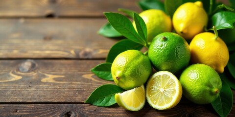 Limes and Lemons Resting on Rustic Wooden Surface with Lush Green Leaves