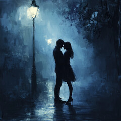 Obraz premium Couple Embracing Under Streetlight