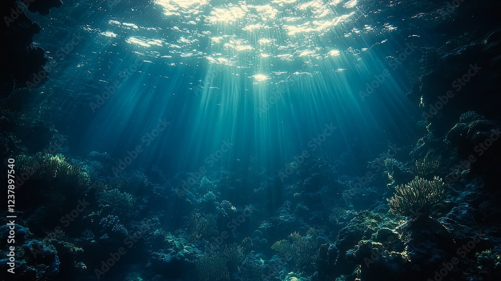 Poster bright rays of sunlight filter through the surface, illuminating the intricate formations of a coral