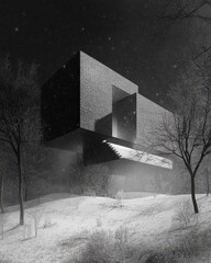 Modern Architectural Structure Surrounded by Snowy Landscape at Night