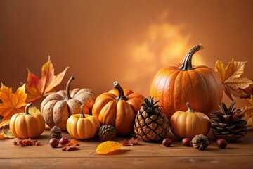 Autumnal Harvest Display Featuring Pumpkins and Pinecones on Wooden Surface