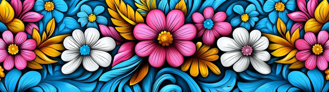 Vibrant floral design featuring blue, pink, and white flowers with intricate details, perfect for decorative or artistic purposes. talavera tiles mexican tiles concept