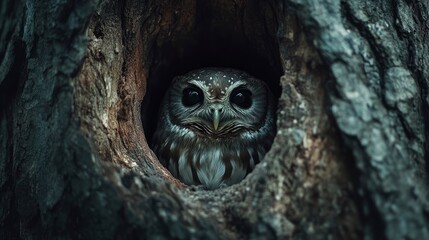 Owl peering out of a tree hole, eyes wide open, portrait shot