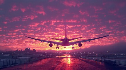 Airplane Landing at Sunset: A Breathtaking View of a Plane Touching Down on the Runway as the Sun Sets Over the City