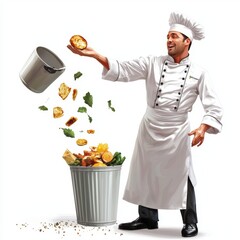 Chef Disposing of Food Waste in a Trash Can Emphasizing Sustainable Cooking Practices and Food Management Strategies