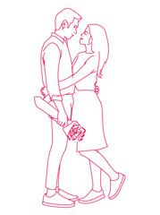 Asian couple is holding hands and roses and smiling