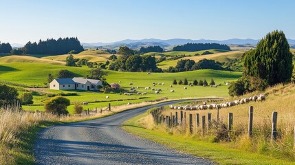 Naklejka premium A serene rural landscape with rolling hills, a winding road, and grazing sheep.