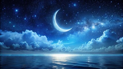 Serene Nightscape Crescent Moon, Starry Sky, and Tranquil Ocean Waters Reflecting Celestial Beauty