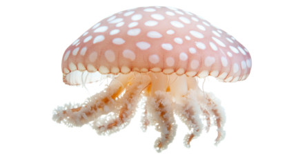 Pink jellyfish swimming underwater with transparent background