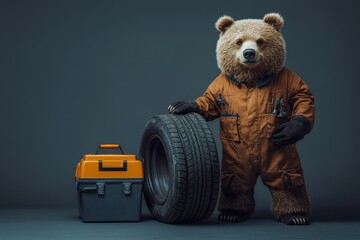 Bear mechanic fixes tires garage workshop animal portrait indoor creative concept