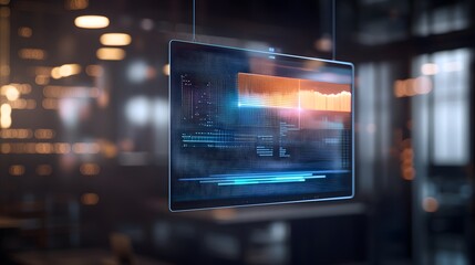 Vibrant Holographic Display Suspended in Modern Space with Colorful Data Visualization Elements