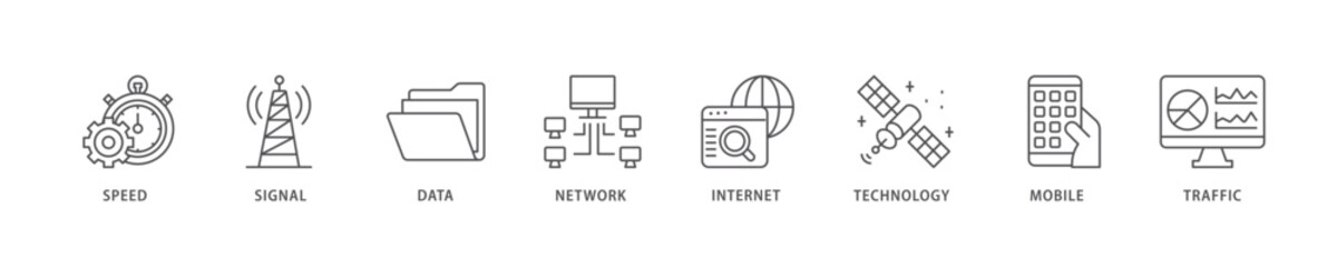 5G icon set flow process which consists of speed, signal, data, network, internet, technology, mobile and traffic icon live stroke and easy to edit .