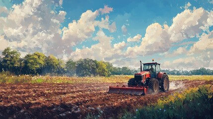 Obraz premium A farmer plowing a field with a tractor, preparing the soil for planting.