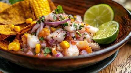 Close-up Shot with Lime, Corn, Tortilla Chips, Red Onion, and Cilantro, on Wood Table. Delicious Seafood Dish!