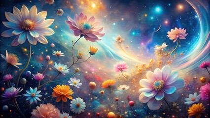 Celestial Blooms A Serene Vision of Ethereal Flowers Drifting Through a Cosmic Galaxy of Sparkling Stardust and Glowing Nebulas