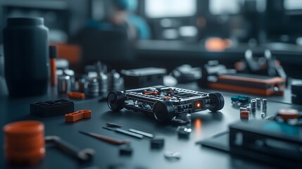 Naklejka premium Close-Up of Partially Assembled Robot on Workbench Surrounded by Tools and Components in Workshop