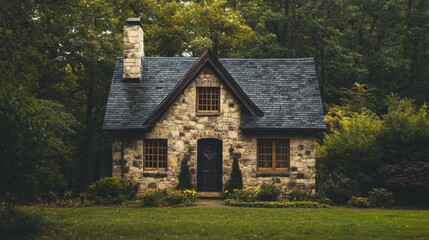 Obraz premium Stone Cottage in the Woods: A Serene Escape