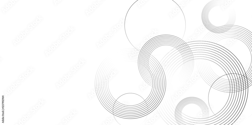 Poster Abstract white background with black circle rings. Spiral sound wave rhythm line and dots dynamic abstract background, Vector illustration design for presentation, banner, cover, poster, texture Etc.	