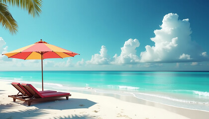 Obraz premium Tropical beach with white sand, sun loungers, umbrella and turquoise ocean