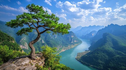 The green pine tree stands on the cliff, overlooking Dabie Mountain 