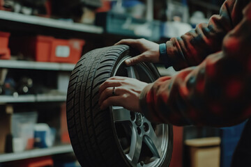 Mechanic adjusting tire in dimly lit garage workshop
