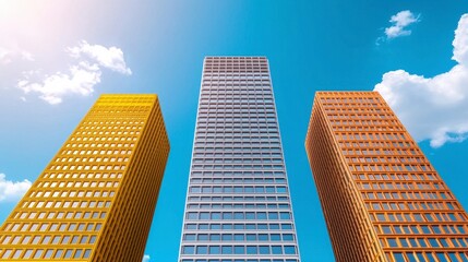 Obraz premium Three Modern Skyscrapers Against A Blue Sky