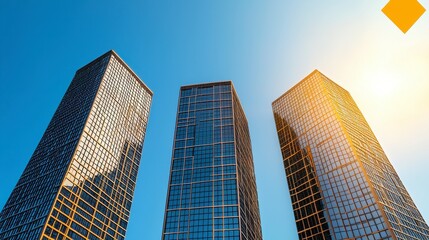 Obraz premium Three Modern Skyscrapers Under Bright Sunlight