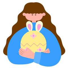 cute girl hugging a yellow easter egg with bunny ears festive holiday illustration
