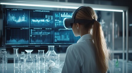 Scientist using virtual reality in a lab setting.