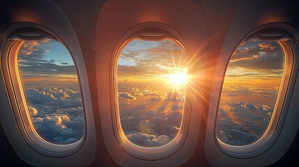 Fototapeta premium Golden Hour Flight: Breathtaking Sunset View from Airplane Window. A mesmerizing landscape of clouds and sky painted in warm colors.