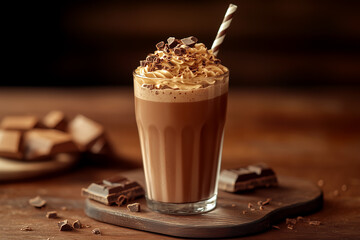 A cold glass of rich chocolate milk with a frothy top, served with chocolate chunks and a striped straw.