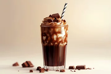 A cold glass of rich chocolate milk with a frothy top, served with chocolate chunks and a striped straw. © patchiya