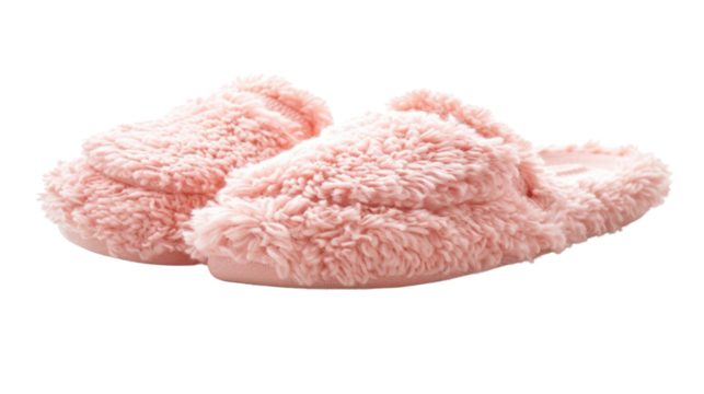 Pair of pink fluffy slippers isolated on transparent background
