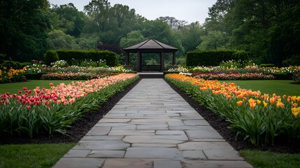 Obraz premium Bright and Colorful Flower Garden with Rows of Tulips and Beautiful Landscape in a Picturesque Setting