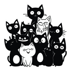 Obraz premium Cute illustrated cats group vector. Shelter worker feeding a group of cats care compassion. There are many different colored cats that are grouped together Art & Illustration