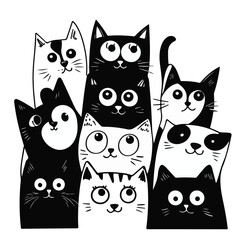 Cute illustrated cats group vector. Shelter worker feeding a group of cats care compassion.  There are many different colored cats that are grouped together Art & Illustration