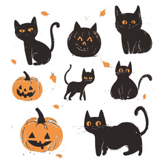 Cute illustrated cats group vector. Shelter worker feeding a group of cats care compassion.  There are many different colored cats that are grouped together Art & Illustration