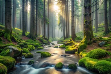 Fototapeta premium Serene forest stream flowing through a mossy, sun-dappled woodland, creating a tranquil and peaceful atmosphere