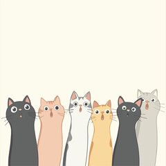 Cute illustrated cats group vector. Shelter worker feeding a group of cats care compassion.  There are many different colored cats that are grouped together Art & Illustration