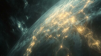 Glowing Planet Earth at Night with City Lights and Nebulous Background in Outer Space