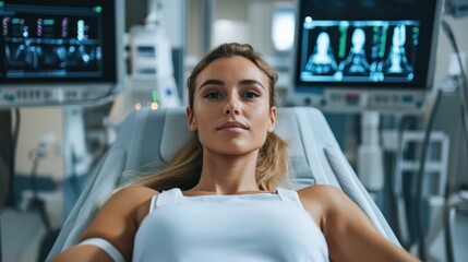 Naklejka premium A Young Woman Receiving Medical Care in a Hospital Intensive Care Unit Surrounded by Advanced Monitoring Equipment and Medical Displays