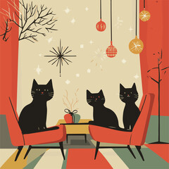 Cute illustrated cats group vector. Shelter worker feeding a group of cats care compassion.  There are many different colored cats that are grouped together Art & Illustration