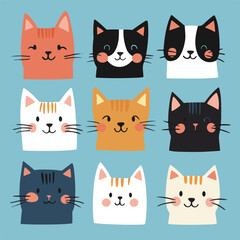 Cute illustrated cats group vector. Shelter worker feeding a group of cats care compassion.  There are many different colored cats that are grouped together Art & Illustration