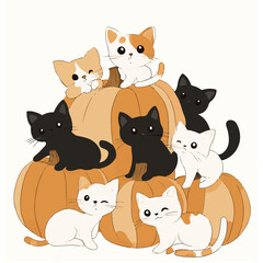 Cute illustrated cats group vector. Shelter worker feeding a group of cats care compassion.  There are many different colored cats that are grouped together Art & Illustration