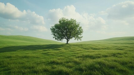 Fototapeta premium A vast green field with a single tree in the center, surrounded by rolling hills.